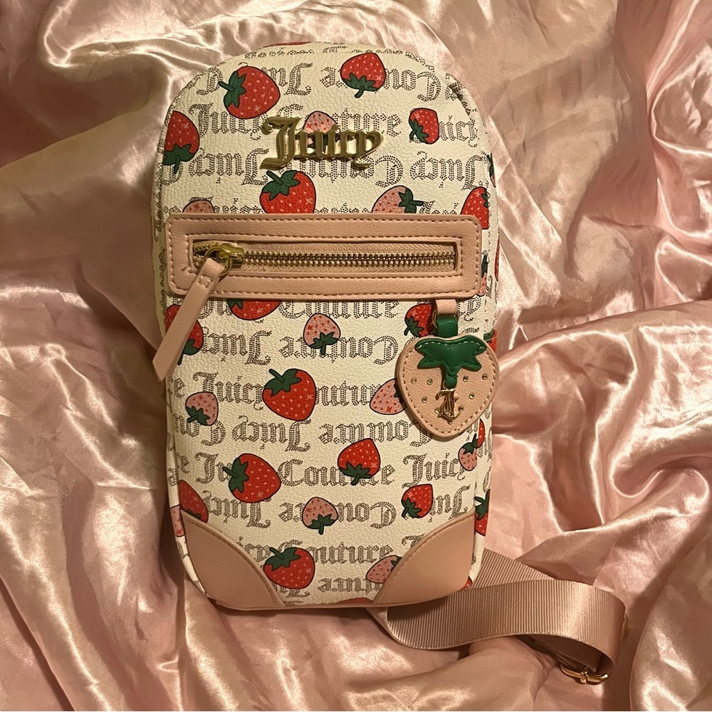 Juicy Couture Freshly Picked Strawberry Pecan Pink White Crossbody Sling Bag